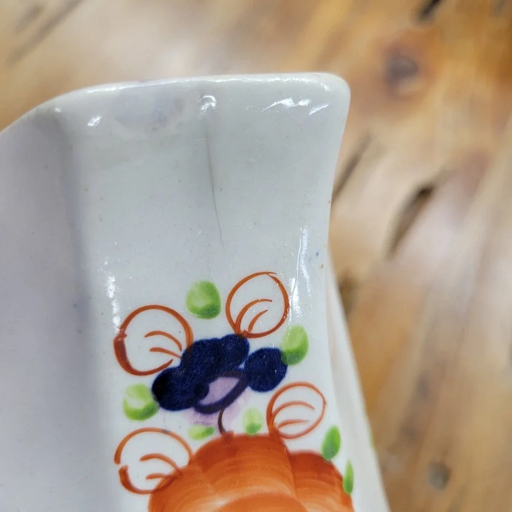 Antique Pitcher Jug Octagon Shape Cobalt Blue Orange Green Ceramic Floral 8 Side